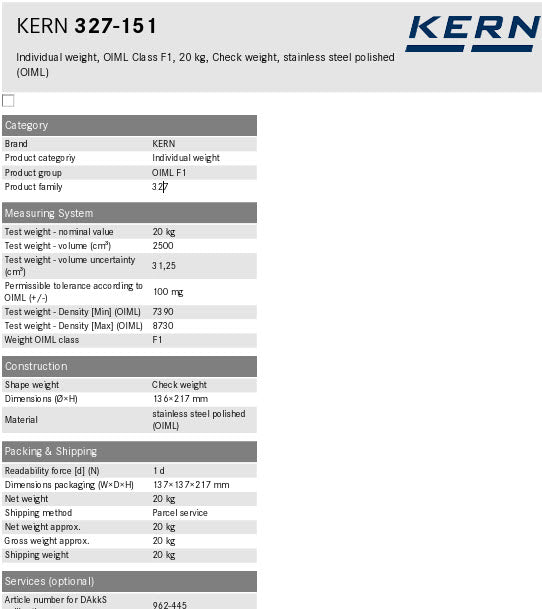 KERN® 327-151, F1 20 kg Test weight Check weight, Stainless steel (OIML) in wooden box