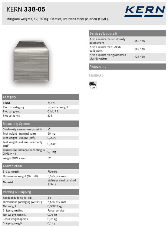 KERN® F2 Individual Weight 338-05, 20mg Test weight Check weight, Stainless steel (OIML)