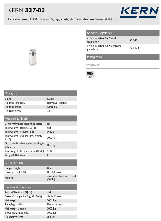 KERN® F2 Individual Weight 337-03, 5g Test weight Check weight, Stainless steel (OIML)