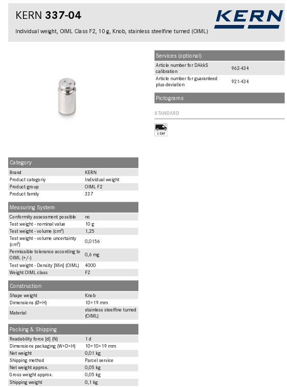 KERN® F2 Individual Weight 337-04, 10g Test weight Check weight, Stainless steel (OIML)