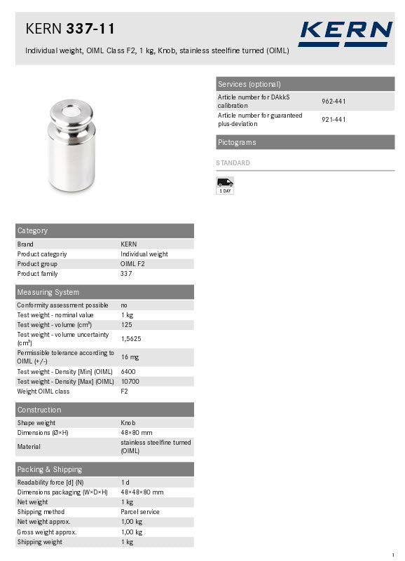 KERN® F2 Individual Weight 337-11 1Kg Test weight Check weight, Stainless steel (OIML)