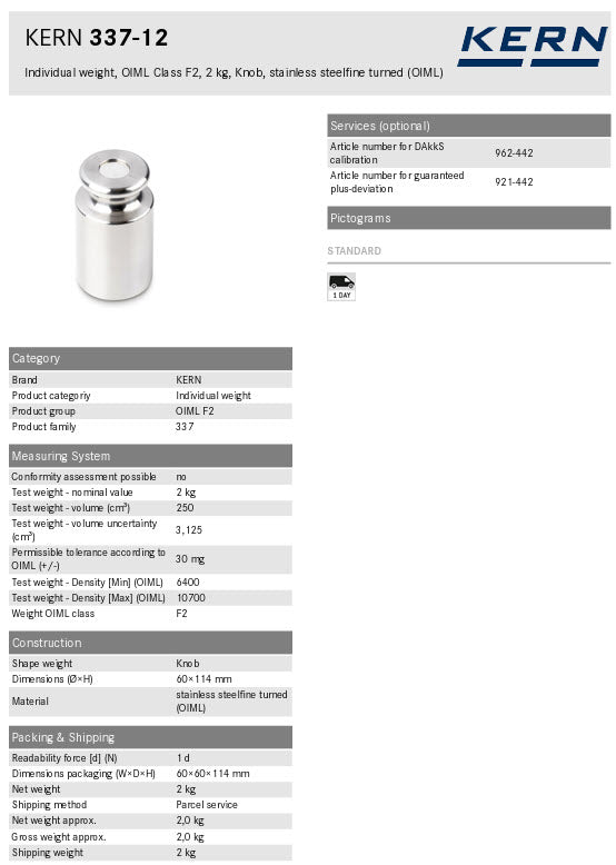 KERN® F2 Individual Weight 337-12 2Kg Test weight Check weight, Stainless steel (OIML)