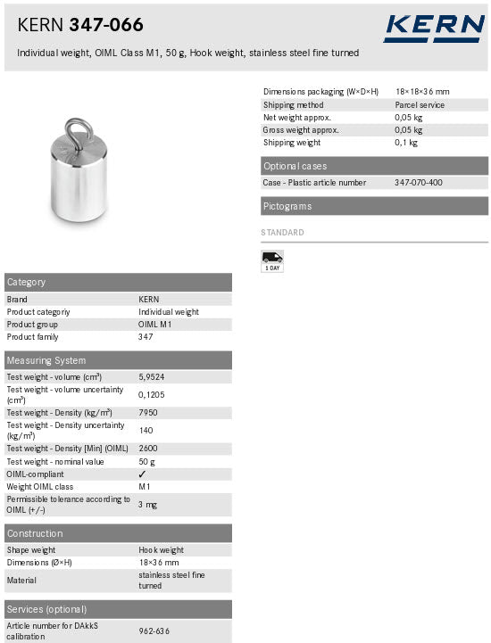 Kern 347-066 50g Individual weight, OIML Class M1, 50 g, Hook weight, stainless steel fine turned