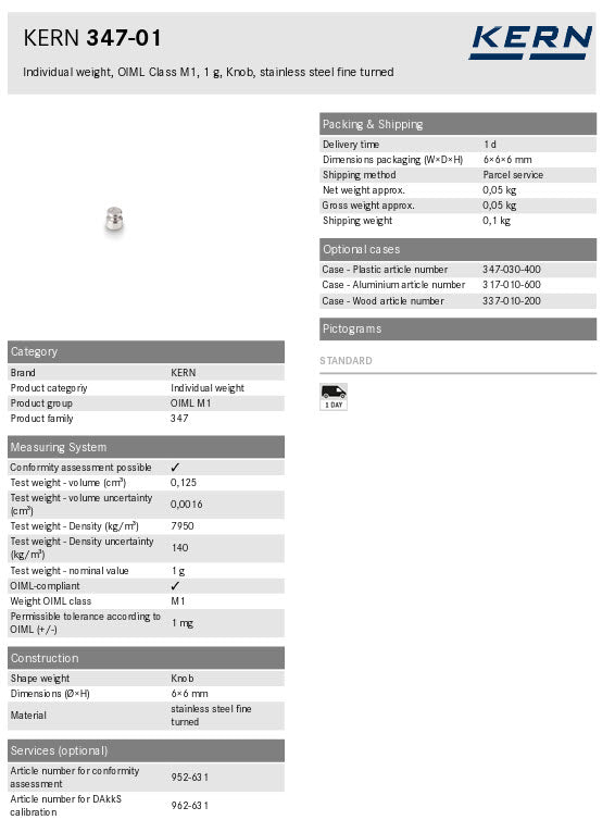 Kern M1 Individual Weights 347-01, 1g Milligram weights, M1, 1g, Platelet, stainless steel polished