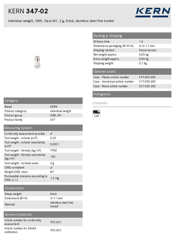 Kern M1 Individual Weights 347-02, 2g Milligram weights, M1, 2g, Platelet, stainless steel polished