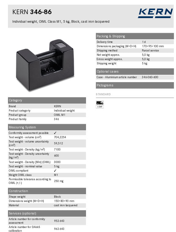 KERN® Test weight 346-86, OIML Class M1, Nominal value 5 kg, Block, Cast iron lacquered