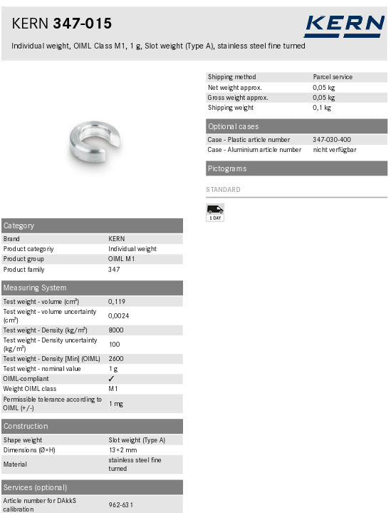 KERN® Test weight 347-015, Individual weight, OIML Class M1, 1 g, Slot weight (Type A), stainless steel fine turned