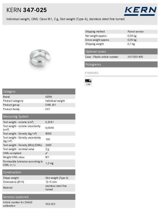KERN® Test weight 347-025, Individual weight, OIML Class M1, 2g, Slot weight (Type A), stainless steel fine turned