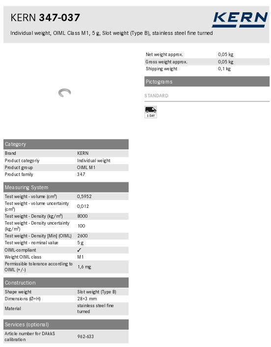 KERN® Test weight 347-037, Individual weight, OIML Class M1, 5g, Slot weight (Type A), stainless steel fine turned