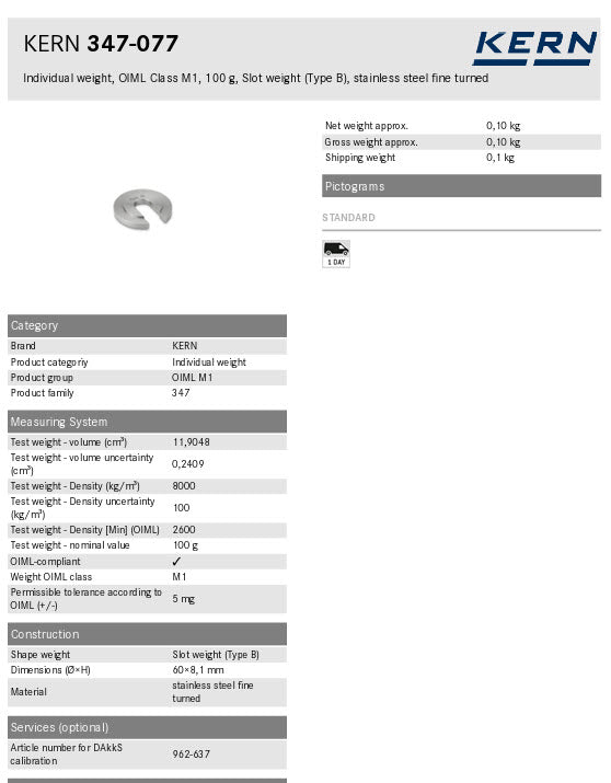 KERN® Test weight 347-077, Individual weight, OIML Class M1, 100g, Slot weight (Type A), stainless steel fine turned