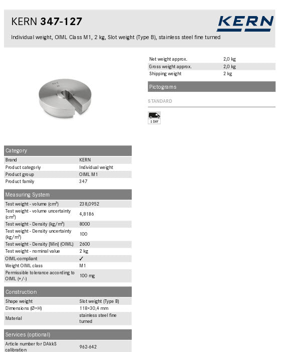 KERN® Test weight 347-127, Individual weight, OIML Class M1, 2Kg, Slot weight (Type A), stainless steel fine turned