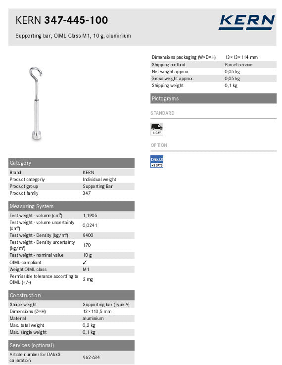KERN® Supporting bar 347-445-100, OIML Class M1, Nominal value , Supporting bar, Aluminium