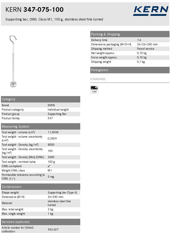 KERN® Supporting bar 347-075-100, OIML Class M1, Nominal value , Supporting bar, Aluminium 100g Beam, Max load 2kg