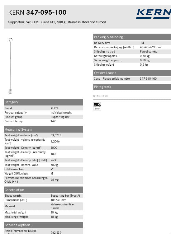 KERN® Supporting bar 347-095-100, OIML Class M1, Nominal value , Supporting bar, Aluminium 500g Beam, Max load 20kg