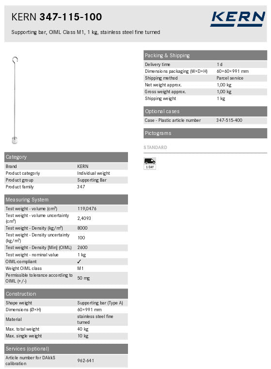 KERN® Supporting bar 347-115-100, OIML Class M1, Nominal value , Supporting bar, Aluminium 1kg Beam, Max load 40kg