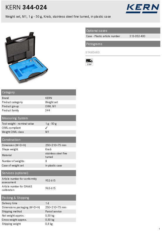 Kern 344-024, Kern M1 Sets 1g - 50g in a plastic case Cylindrical shape, polished stainless steel Dust-brush, tweezers and gloves to handle the weights. DKD Certificate of Calibration Included (Copy)