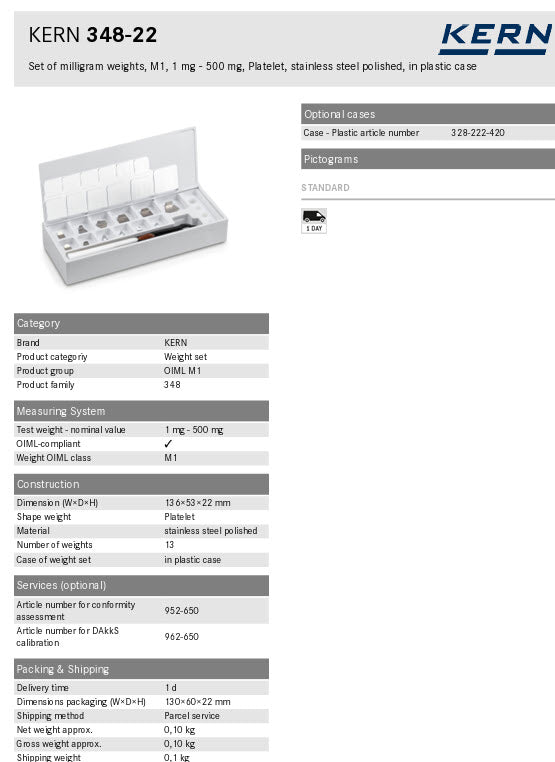 Kern 348-22, M1 1 mg - 500 mg Set of weights in plastic box, Aluminum / German Silver