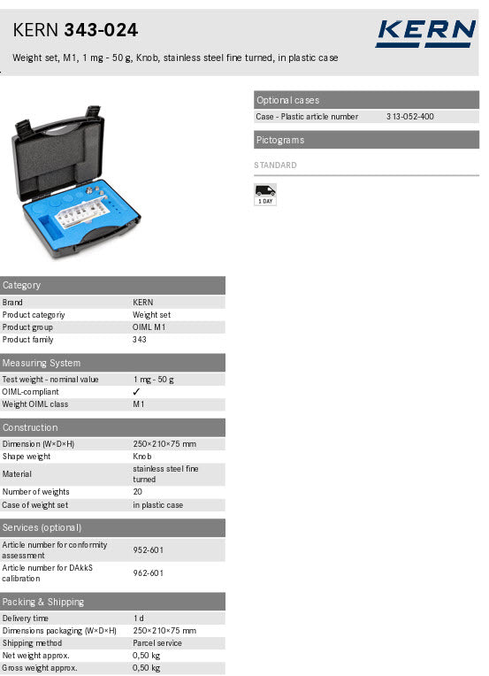 KERN® Set of weights 343-024, OIML Class M1, Nominal value 1 mg; 50 g, Button, Stainless Steel fine turned