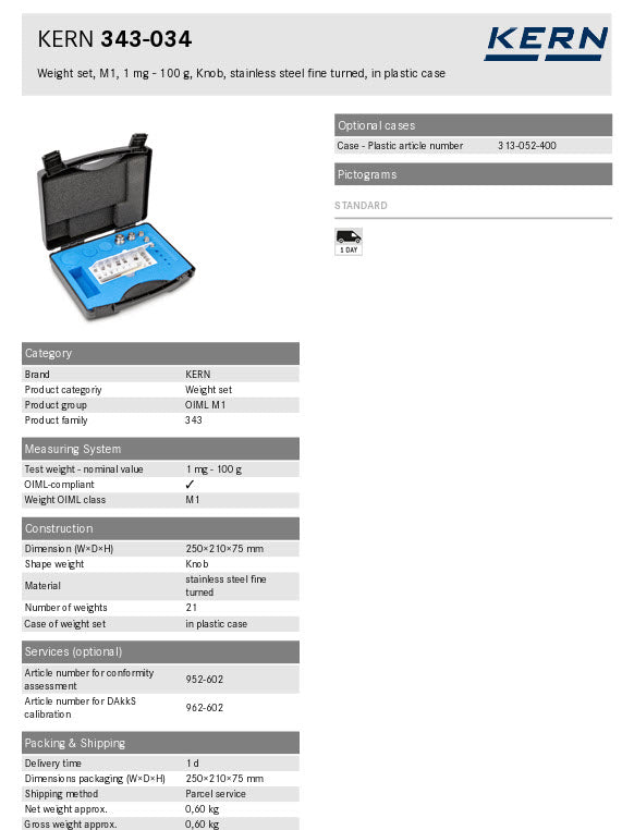 KERN® Set of weights 343-034, OIML Class M1, Nominal value 1mg - 100g, Button, Stainless Steel fine turned