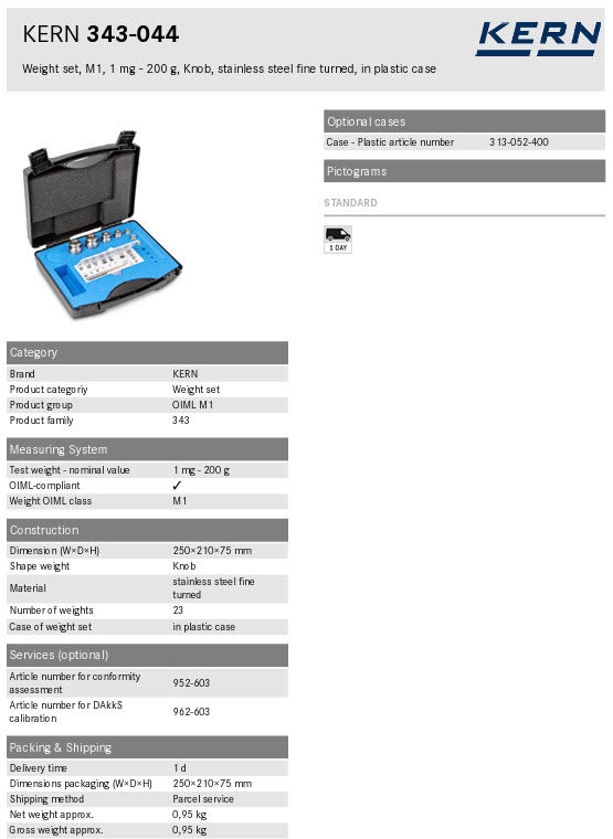 KERN® Set of weights 343-044, OIML Class M1, Nominal value 1mg - 200g, Button, Stainless Steel fine turned