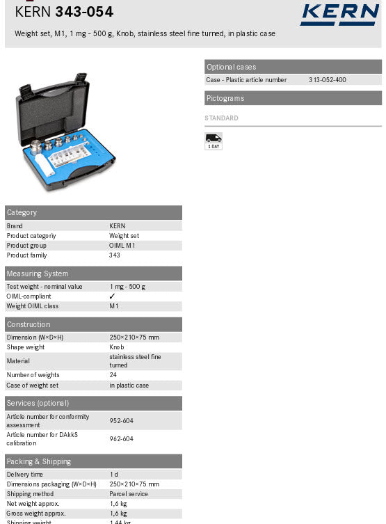KERN® Set of weights 343-054, OIML Class M1, Nominal value 1mg - 500g, Button, Stainless Steel fine turned