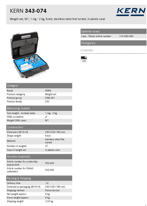 KERN® Set of weights 343-074, OIML Class M1, Nominal value 1mg - 2kg, Button, Stainless Steel fine turned