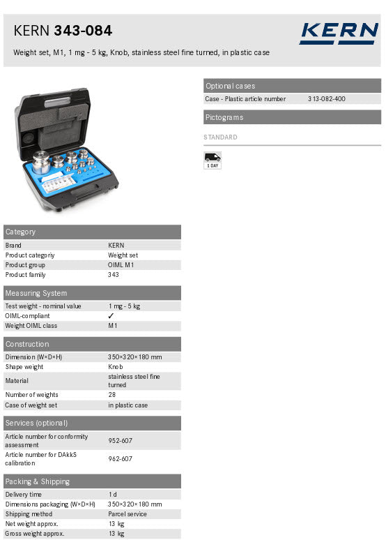 KERN® Set of weights 343-084, OIML Class M1, Nominal value 1mg - 5kg, Button, Stainless Steel fine turned