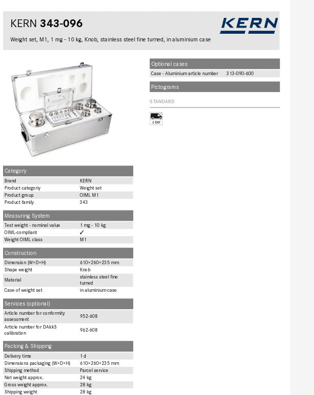 KERN® Set of weights 343-096 OIML Class M1, Nominal value 1mg - 10kg, Button, Stainless Steel fine turned