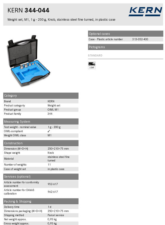 Kern 344-044-600, Kern M1 Sets 1g - 200g in a plastic case Cylindrical shape, polished stainless steel Dust-brush, tweezers and gloves to handle the weights. DKD Certificate of Calibration Included