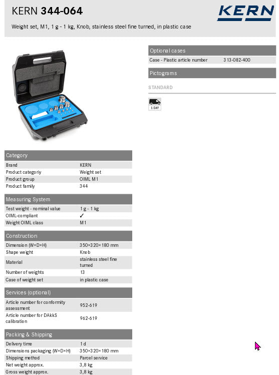 Kern 344-064, Kern M1 Sets 1g - 1Kg in a plastic case Cylindrical shape, polished stainless steel Dust-brush, tweezers and gloves to handle the weights.