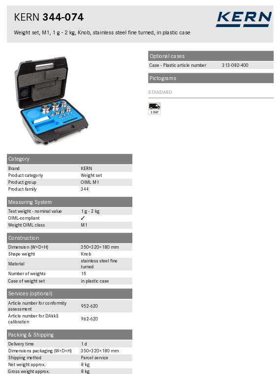 Kern 344-074 Kern M1 Sets 1g - 2Kg in a plastic case Cylindrical shape, polished stainless steel Dust-brush, tweezers and gloves to handle the weights.