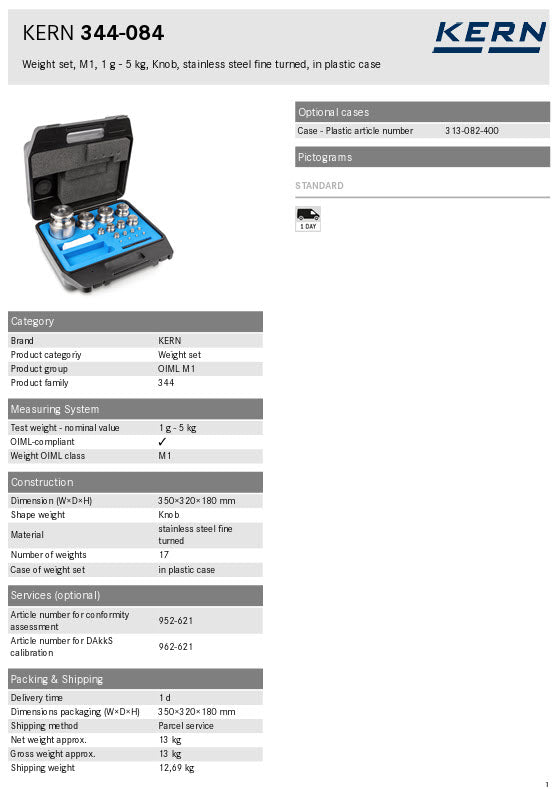 Kern 344-084, Kern M1 Sets 1g-5Kg in a plastic case Cylindrical shape, polished stainless steel Dust-brush, tweezers and gloves to handle the weights.