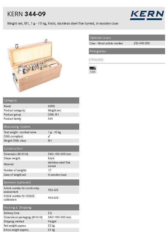KERN® Set of weights 344-09, OIML Class M1, Nominal value 1 g; 10 kg, Button, Stainless Steel fine turned