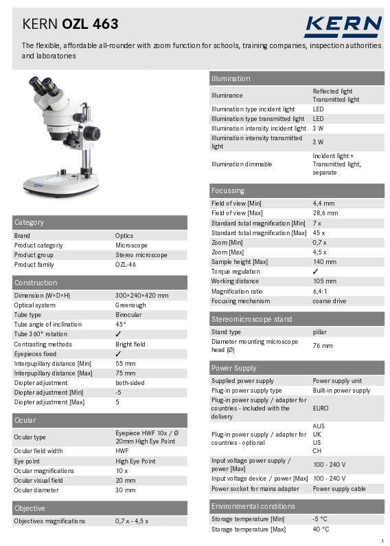 Kern OZL Stereo Zoom Microscopes OZL 463 Binocular 10x Eye piece, Zoom .7 to 4.5X, 3W LED Incident/Transmitted
