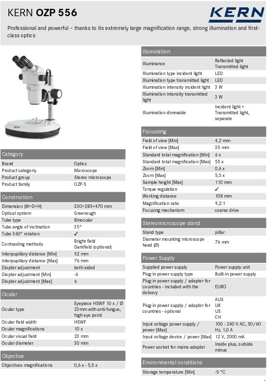 Kern OZP 556 Stereo Zoom Microscopes Binnocular HWF Eyepiece 10× , 0.6 - 5.5X, 3W LED, Incident/Transmitted