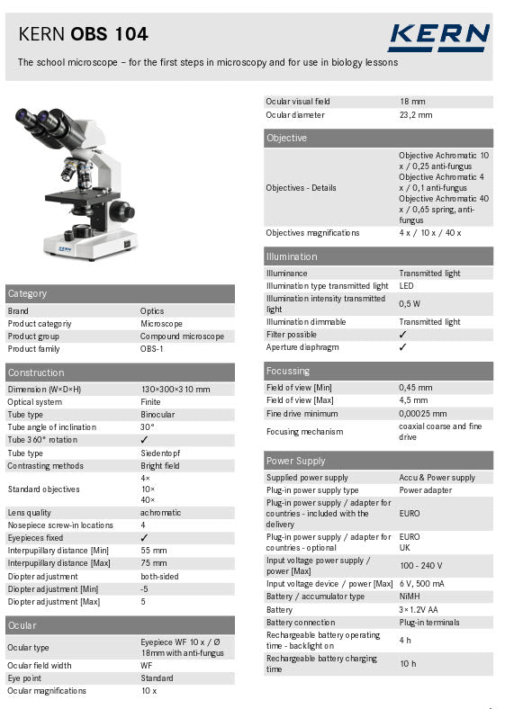 Kern OBS Educational Microscopes OBS 104, Binocular tube, 10x Eye piece, Objectives 4x/10x/40x, Fixed Stage