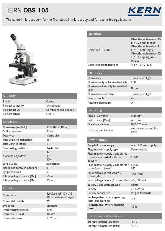 Kern OBS Educational Microscopes OBS 105, Monocular tube, 10x Eye piece, Objectives 4x/10x/40x, Mechanical stage