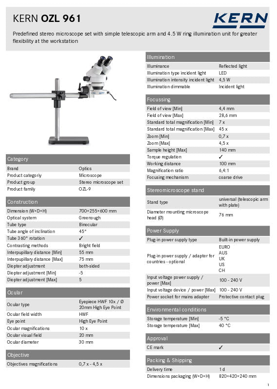 Kern Stereo Microscope Set OZL 961, Binocular 10x Eye pieces, 0.7-4.5X universal (telescopic arm with plate)