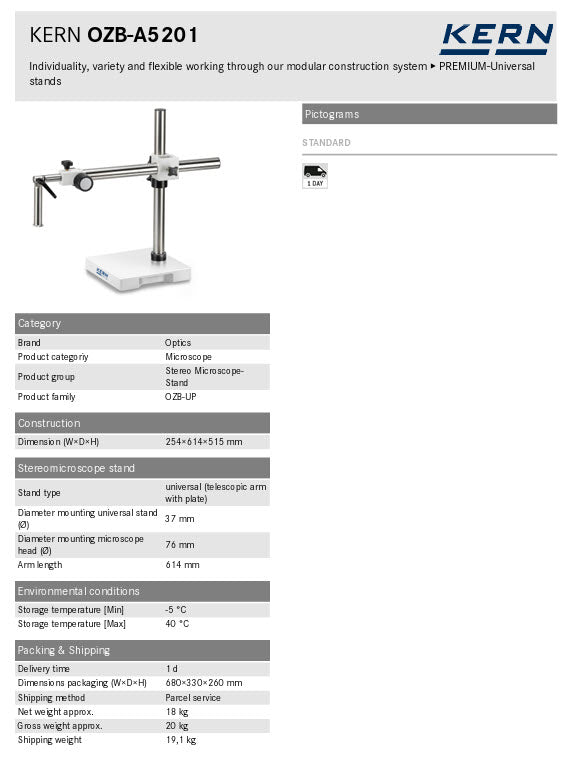 Kern Stereomicroscope Stands OZB-A5201 Dimension (W×D×H) 254×614×515 mm