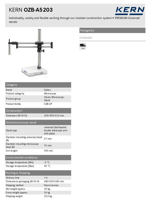 Kern Stereomicroscope Stands OZB A5203 Universal Stand with ball bearing mounted double arm Dimension (W×D×H) 254×545×515 mm