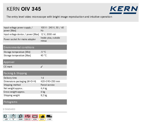 Kern Video microscope OIV 345, Zoom 0.7 - 4.5X, Camera 5MP, Illumination 3W LED Ring, Output HDMI (60FPS)/USB