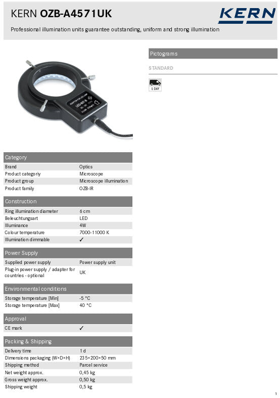 Kern Microscope Ring Illuminators OZB-A4571UK, 4W LED, Inside Diameter 60mm