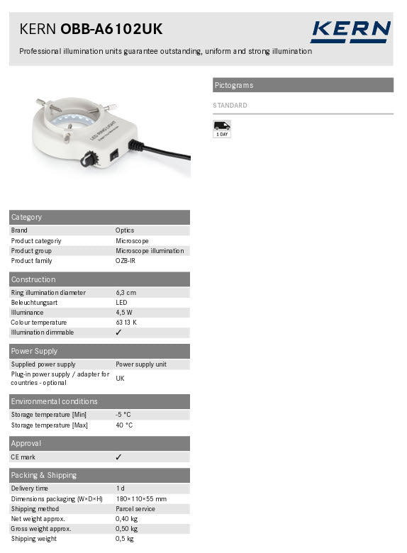 Kern Microscope Ring Illuminators OBB-A6102UK, 4.5W LED, Inside Diameter 62mm