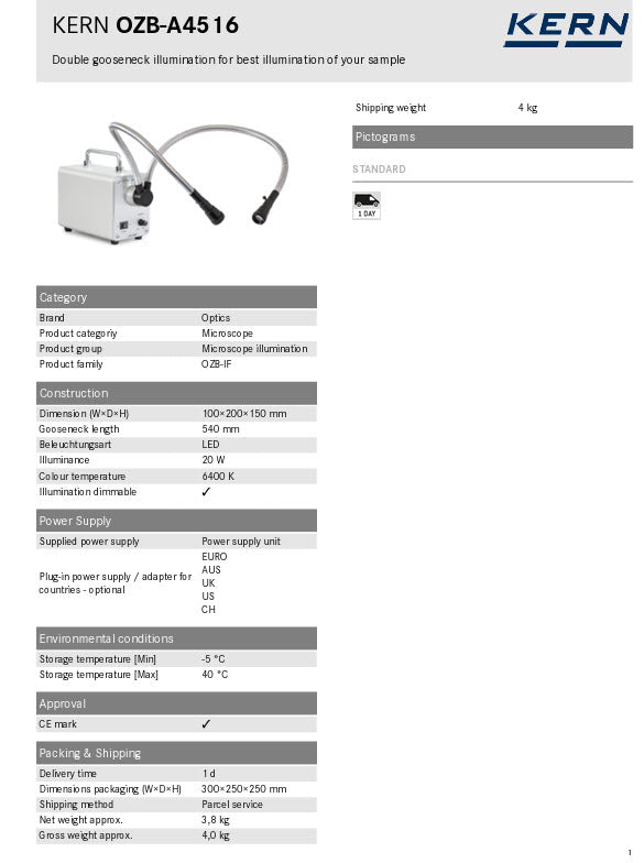 Kern Gooseneck Illumination OZB-A4516 Cold Light Source Illuminance 20 W, Colour temperature 6400K, Goose neck length 540mm