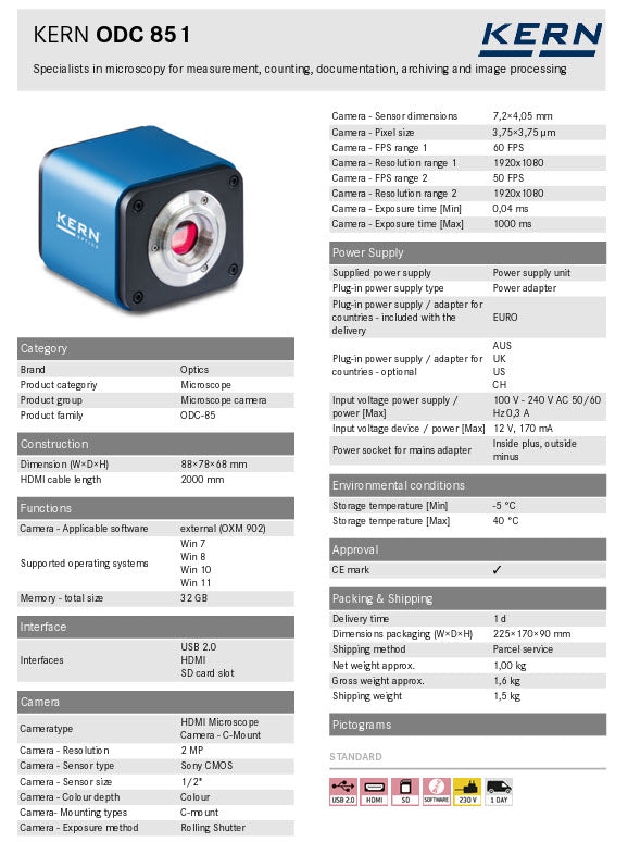 Kern HDMI/USB Digital Cameras ODC 852 Resolution 5MP Size 1/1,8" CMOS Sensor Pixel size 2,4×2,4 µm