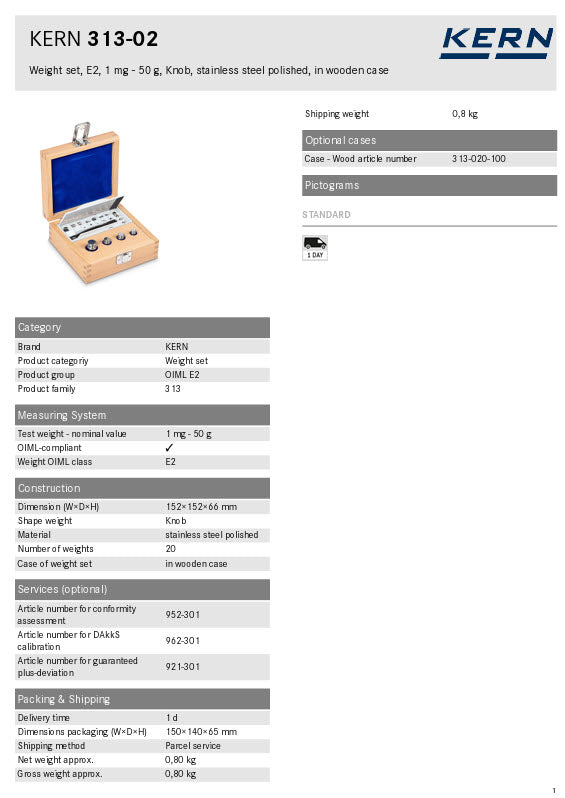 Kern Weight set 313-02 Test weight - nominal value 1 mg - 50 g, Weight OIML class E2 Shape weight Knob Number of weights 20 Material stainless steel polished