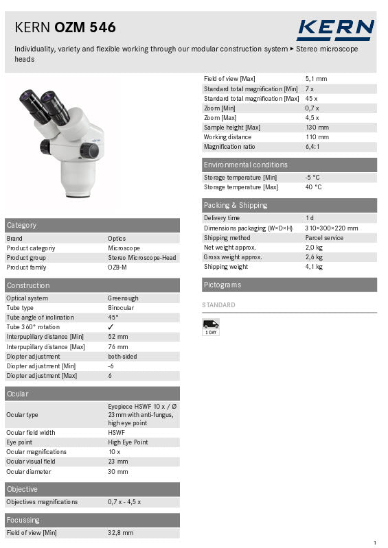 Kern Stereo zoom microscope head OZM 546, Tube type Binocular Ocular magnifications 10 x, Magnification 0,7 x 4,5 x