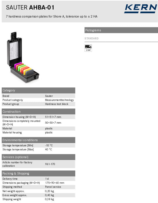 KERN® Hardness test block AHBA-01 7 hardness comparison plates for Shore A, tolerance up to ± 2 HA