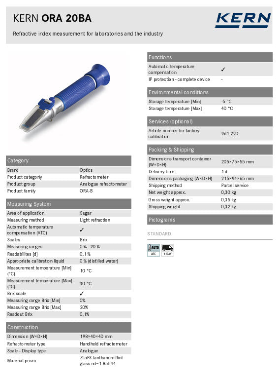 KERN® Analogue refractometer ORA 20BA Measuring range Brix 0% – 20%