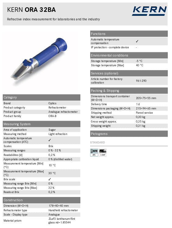KERN® Analogue refractometer ORA 32BA Measuring range Brix 0 % – 32 %
